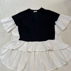 【amie studio】フリル付き半袖Tシャツ ブラック/ホワイト