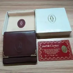 Cartier マスト バーガンディ コインケース 財布 レザー 箱、カード付属