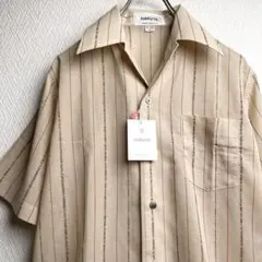 古着 レトロ シャツ 開襟 オープンカラー 総柄 柄シャツ ストライプ ベージュ