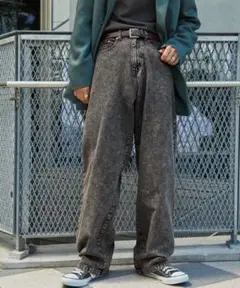 ハイウエストワイドストレート ヴィンテージウォッシュデニムパンツ