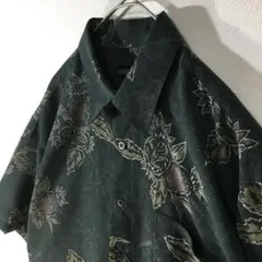 【個性派古着】半袖総柄デザインシャツ　透け感　グリーン　個性的な　メンズ L