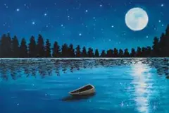 【原画：B6サイズ】　湖畔に佇むボート　オイルパステル画
