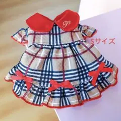 ペット洋服 犬の服 猫の服 赤色リボン 格子柄ワンピース Sサイズ 翌日発送