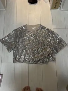 H&M シルバー スパンコール クロップドトップス US L