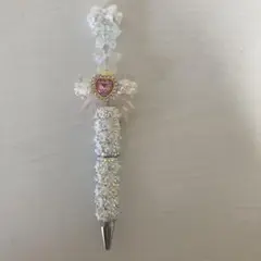 一点物です♪ビーズ装飾ペン ホワイト ピンクボールペン