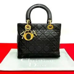 極 美品 ディオール レディディオール カナージュ レザー トートバッグ 黒