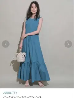 美品　JUSGLITTY バックギャザーカラーワンピース ブルー