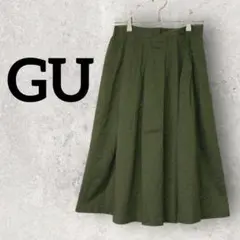 GU タックスカート ミモレ丈スカート フレアスカート 無地 (M)グリーン