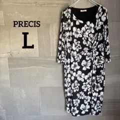 PRECIS 【L】花柄 七分袖ワンピース ブラック ホワイト 膝丈