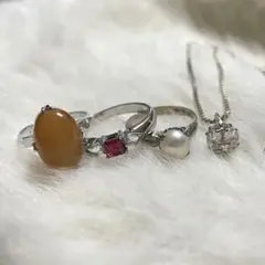 silver シルバー パール 天然石 リング ネックレス セット
