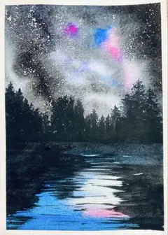 湖畔の夜空　水彩画