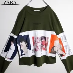 ZARA ザラ 薄手 スウェット トレーナー カラープリント M カーキグリーン