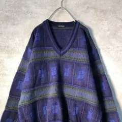 【ヴィンテージ】日本製 レトロ 総柄 Vネックニット 古着 used AS15