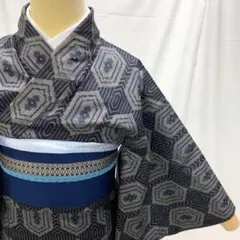 〔4750〕着物 紬 正絹 袷 紺×灰色 対象身長~156㎝
