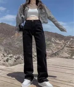 美シルエットハイウエストワイドデニムパンツ