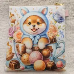 ティーカップわんちゃんとスイーツ柄・両面・フラットポーチ
