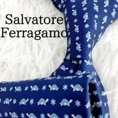 美品◎Salvatore Ferragamo フェラガモ ネクタイ 亀 花 紺