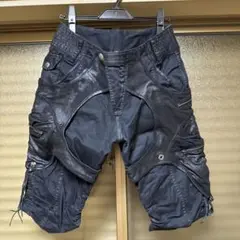 14th Addiction ブラックデニムレザーショートパンツ 14th Addiction ブラックデニムレザーショートパンツ