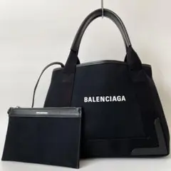 【極美品】バレンシアガ ネイビーカバスS トートバッグ キャンバス レザー 黒