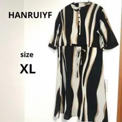 HANRUIYF 総柄デザインワンピース バンドカラーワンピース　XL