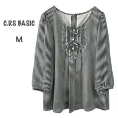 【C.D.S BASIC】ブラウス（M）フリル ストライプ 七分袖 春夏 上品