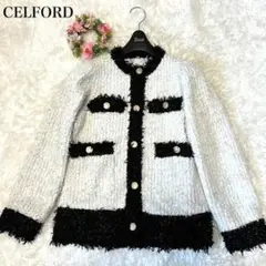 【美品】セルフォード 白×黒 ツイード ノーカラージャケット 金ボタン 22AW