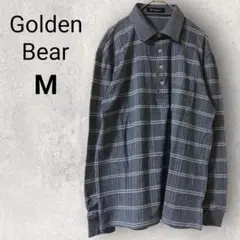 ゴールデンベア メンズ 長袖 ポロシャツ M ネイビー チェック ロゴ 日本製