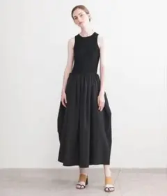 【AEWEN MATOPH】ニットコンビバルーンワンピース　ネイビー