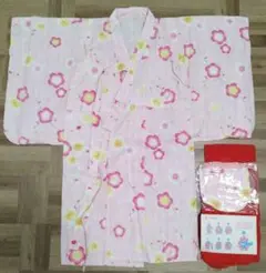 可愛い花柄の浴衣♪帯.巾着セット110cm