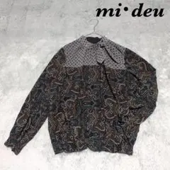 mi・deu 長袖トップス オフネック 総柄 サラサラ リボン おしゃれ