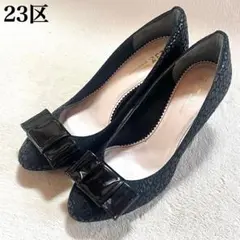 新品✨️23区 パンプス リボン 型押し ヒョウ柄 ブラック エナメル 24.0
