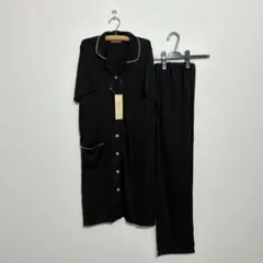 新品 M 授乳しやすいマタニティパジャマ レーヨン混 ブラック 半袖 犬印