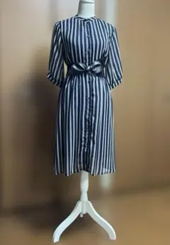 【美品】ストライプ ワンピース シースルー ネイビー LL