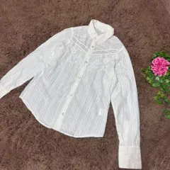3685【F】ストライプ長袖シャツ　花柄　フロントレース付き　ガーリー　コットン