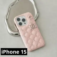 キルティングビジューDDチャームiPhoneケース ピンク iPhone15
