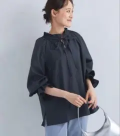 グリーンレーベルリラクシング フリルネック リボン ブラウス 袖口ゴム オフィス