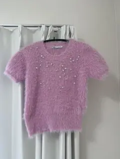 ZARA ビジュー装飾 ピンク 半袖ニット Sサイズ