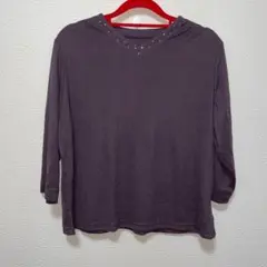 パープル Vネック Tシャツ 7分袖 ストーン装飾 トップス　カットソー