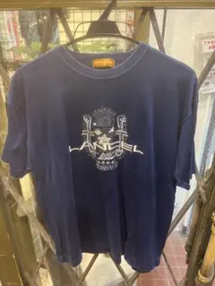美品メンズランセルJEANS半袖Tシャツ前後刺繍ロゴマーク入り綿100%紺色