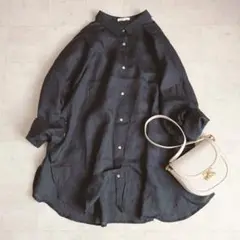 【スタディオクリップ】リネン(麻)タックギャザーワイドシャツブラウス/ちび襟