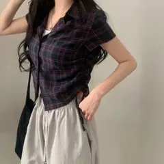 韓国風チェック柄ミニトップス✨夏にぴったり普段着デート女子会