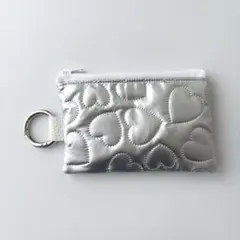 ハート キルティング ミニポーチ カラビナ付き シルバー