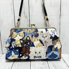 ラスト1点　リボンネコ柄 がま口バッグ 合皮ショルダー付き ハンドメイド