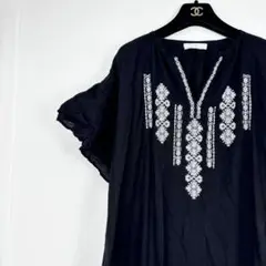 美品✨ アメリカンホリック 刺繍 ロング シャツ ワンピース ブラック 半袖 黒