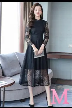 パーティドレス　レース　ロングドレス　可愛い　ワンピース　黒　M