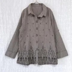 2811 チュニックシャツ　ロング　チェック　刺繍羽織り　ミセス　ロールアップM