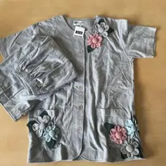 ルームウエア　グレーパジャマ　半袖　ハーフパンツ　花モチーフ付　綿　フリーサイズ