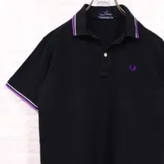FRED PERRY 月桂樹 ロゴ刺繍 ポロシャツ M 襟 ライン 黒 紫 半袖
