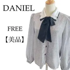 〈美品〉DANIEL 千鳥格子柄 襟付きシャツ リボン FREE 肩パッド