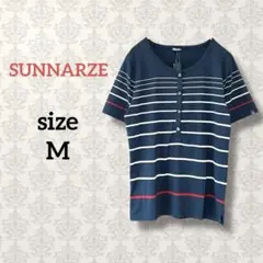 SUNNARZE【M】タグ付き マルチボーダー半袖トップス ストレッチ ネイビー